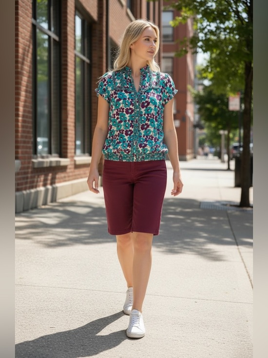 Fossil Tops - Fossil Vibrant Floral Blouse in Teal and Purple